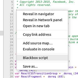 The blackboxing item in the editor pane context menu