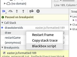 The blackboxing item in the call stack pane context menu
