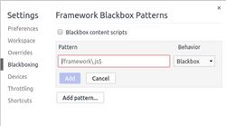 The blackboxing tab in the settings section of Chrome DevTools